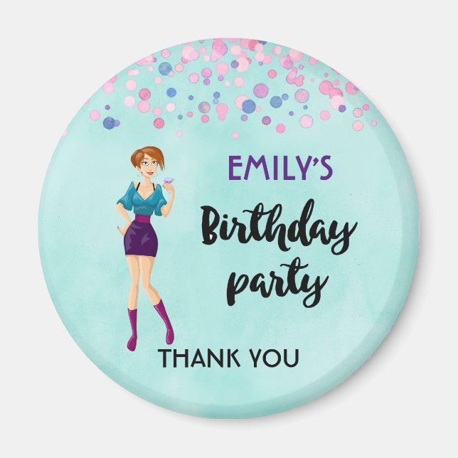 Cartoon Party Girl Holding Drink Geburtstag Dank Magnet (Vorne)