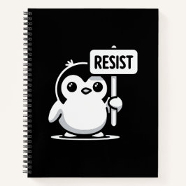 Cartoon Penguin Holding "RESIST" Zeichen - B & W Notizbuch