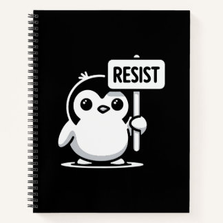 Cartoon Penguin Holding "RESIST" Zeichen - B & W Notizbuch
