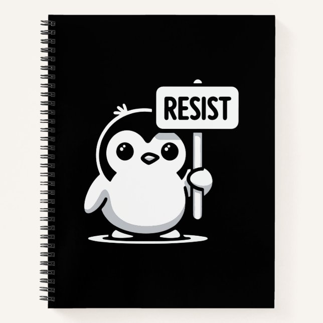 Cartoon Penguin Holding "RESIST" Zeichen - B & W Notizbuch (Vorderseite)