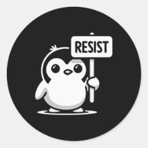 Cartoon Penguin Holding "RESIST" Zeichen - B & W