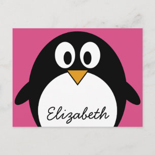 Cartoon penguin with pink background postkarte