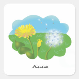Cartoon personalisierter Löwenzahn auf der Wiese Quadratischer Aufkleber