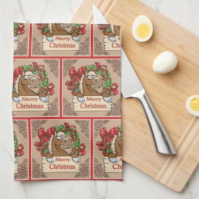 Cartoon Pferd mit Kraut Frohe Weihnachtszeichen Geschirrtuch (Viertel Falte)