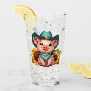 Cartoon Pig mit Cowboy-Hut und Bandana Glas