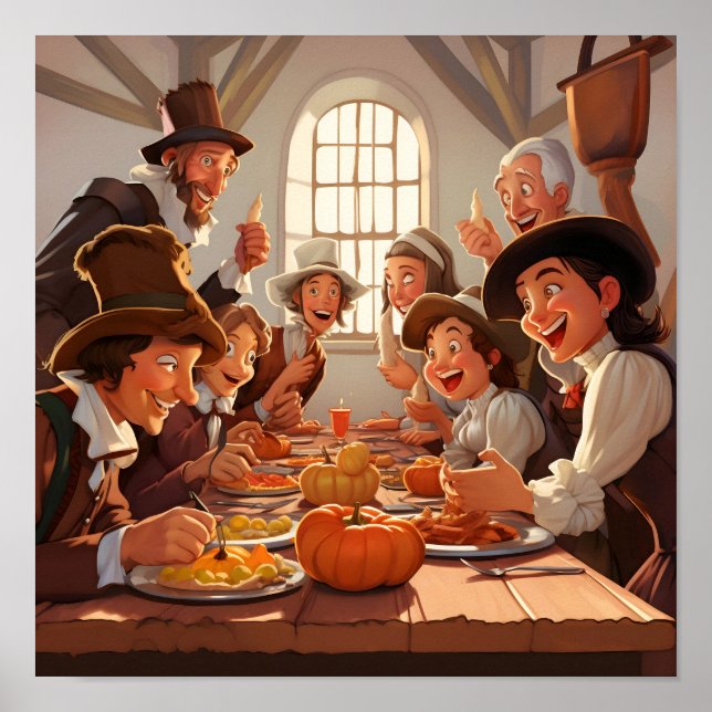 Cartoon Pilgrims um den Erntedank Poster (Vorne)
