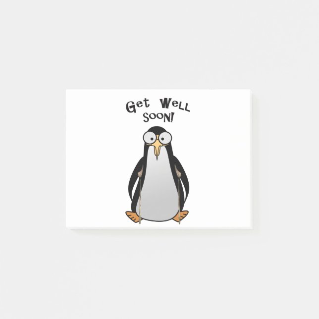 Cartoon Pinguin auf Krücken - bald wieder gesund. Post-it Klebezettel (Vorderseite)