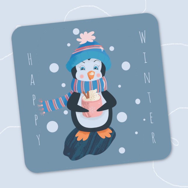 Cartoon-Pinguin mit heißer Schokolade Blau Aufkleb Quadratischer Aufkleber (Cartoon penguin with hot cocoa blue square winter sticker .)