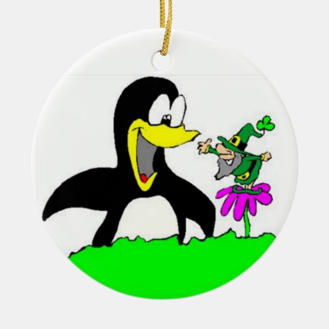 Cartoon Pinguin und Leprechaun Keramik Ornament (Vorne)
