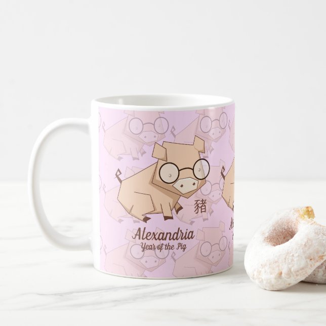 Cartoon Pink Chinesisches Jahr des Schweins Kaffeetasse (Mit Donut)