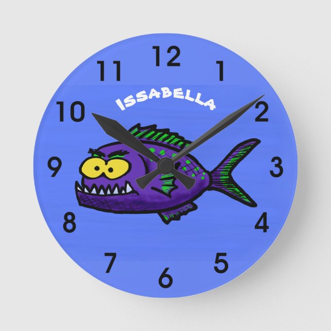 Cartoon Piranha Runde Wanduhr (Vorderseite)