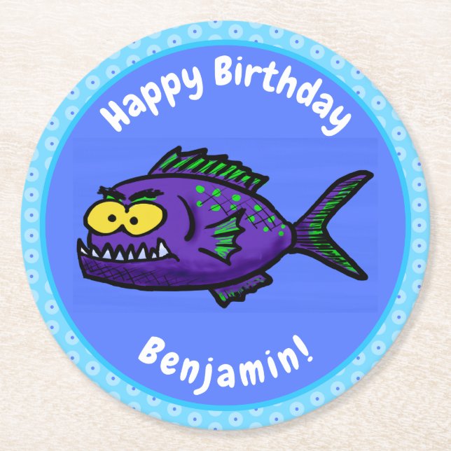 Cartoon Piranha Runder Pappuntersetzer (Vorderseite)