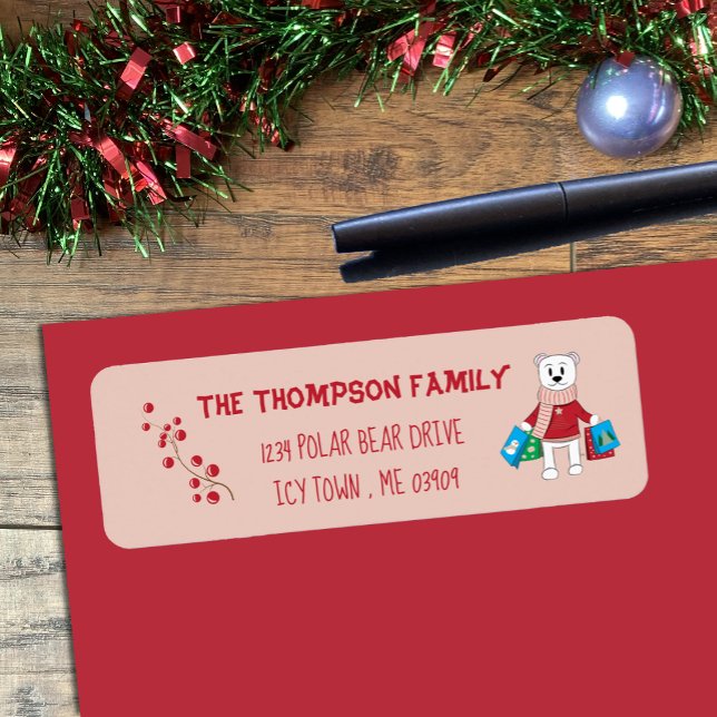 Cartoon Polar Bear Pink Rücksendeadresse (Cute polar bear with shopping bags rose pink Holiday return address labels .)
