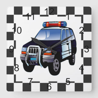 Cartoon-Polizei-Auto auf einem überprüften Quadratische Wanduhr