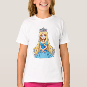 Cartoon Princess Long Hair Tiara Crown Ball Gown T-Shirt