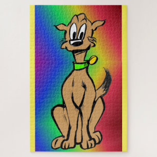 Cartoon Puzzle: Niedlich sitzender Hund, Regenboge Puzzle