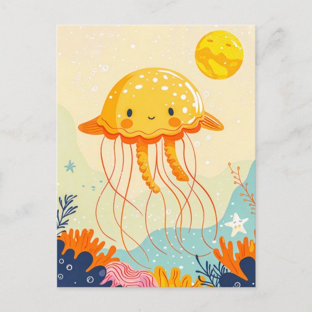 Cartoon Qualle Floating by Coral Reef Postkarte (Vorderseite)