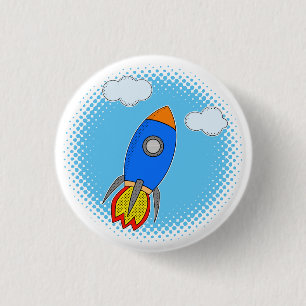 Cartoon-Rakete in Blue Sky-Halftones Button