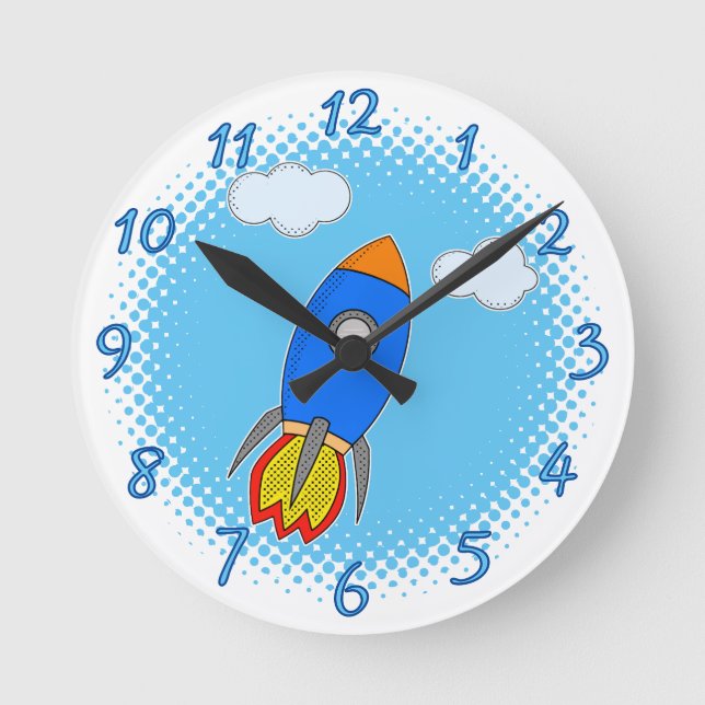Cartoon-Rakete in Blue Sky-Halftones Runde Wanduhr (Vorderseite)