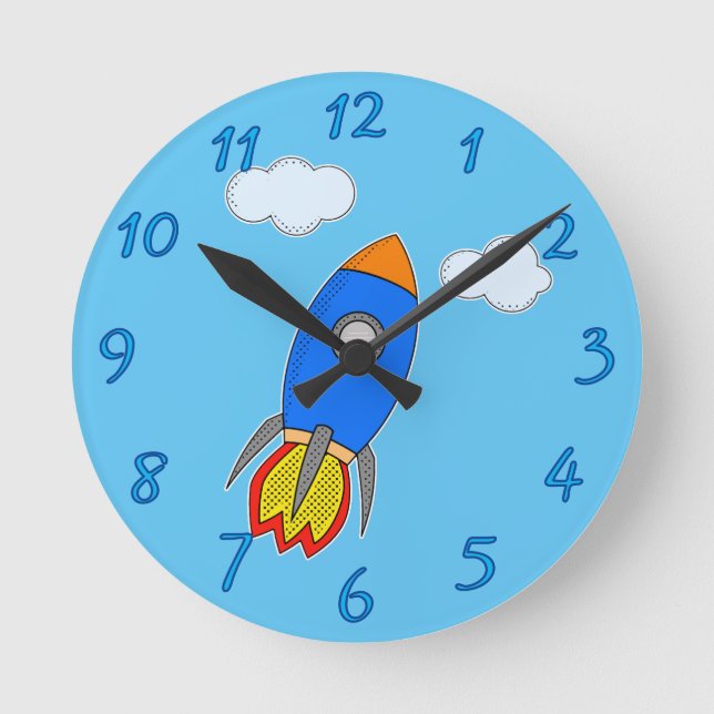Cartoon-Rakete Runde Wanduhr (Vorderseite)