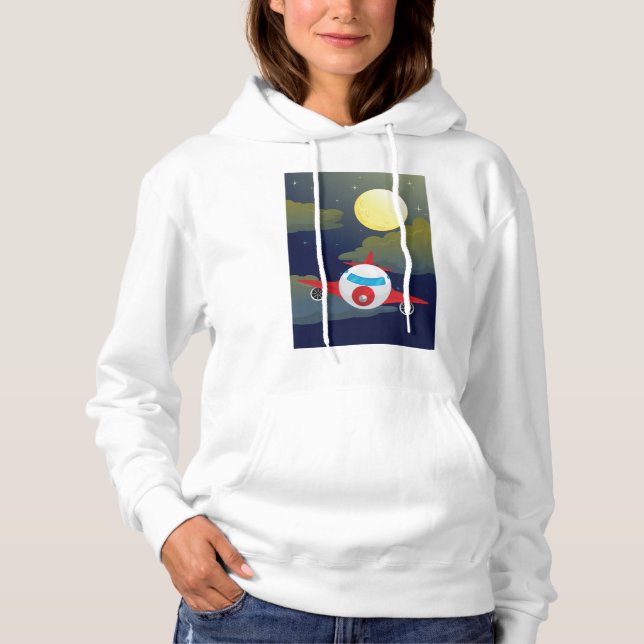 Cartoon Red Airplane Flying In Night Sky Hoodie (Vorderseite)