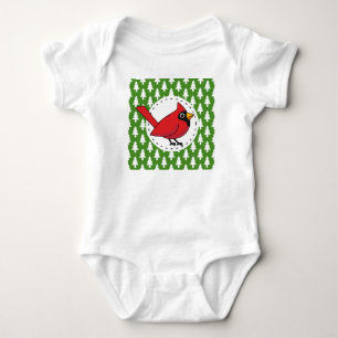 Cartoon Red Kardinal auf Green White Pines Muster Baby Strampler