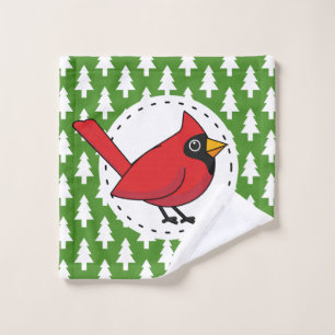 Cartoon Red Kardinal auf Green White Pines Muster Badhandtuch Set