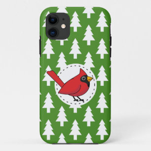 Cartoon Red Kardinal auf Green White Pines Muster Case-Mate iPhone Hülle