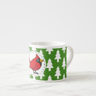 Cartoon Red Kardinal auf Green White Pines Muster Espressotasse