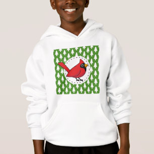 Cartoon Red Kardinal auf Green White Pines Muster Hoodie