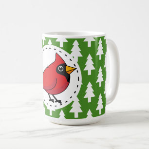 Cartoon Red Kardinal auf Green White Pines Muster Kaffeetasse