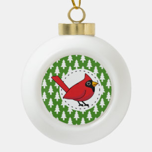 Cartoon Red Kardinal auf Green White Pines Muster Keramik Kugel-Ornament