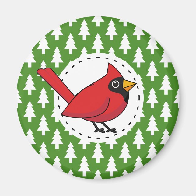 Cartoon Red Kardinal auf Green White Pines Muster Magnet (Vorne)