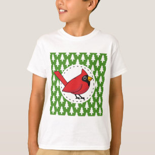 Cartoon Red Kardinal auf Green White Pines Muster T-Shirt