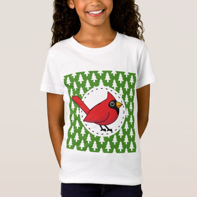 Cartoon Red Kardinal auf Green White Pines Muster T-Shirt (Vorderseite)