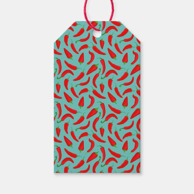 Cartoon Red Pepper Pattern auf Aquamarin Blue Geschenkanhänger (Vorderseite)
