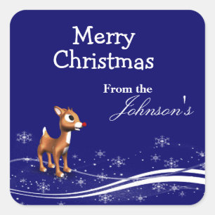 Cartoon Reindeer Weihnachtsgeschenktags Quadratischer Aufkleber