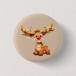 Cartoon reindeer with red nose and lights button