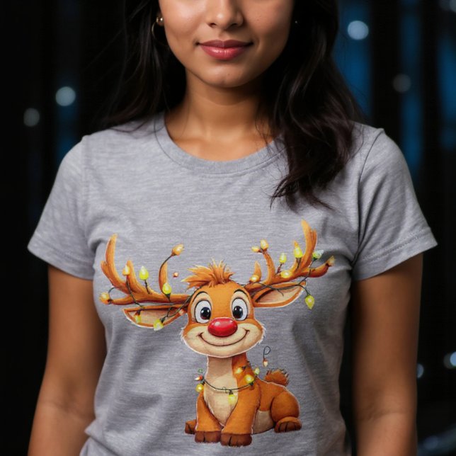 Cartoon reindeer with red nose and lights Tri-Blend shirt (Von Creator hochgeladen)