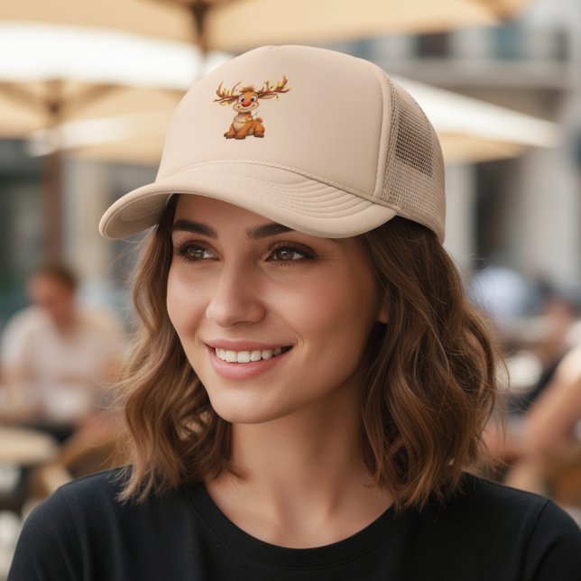 Cartoon reindeer with red nose and lights truckerkappe (Von Creator hochgeladen)