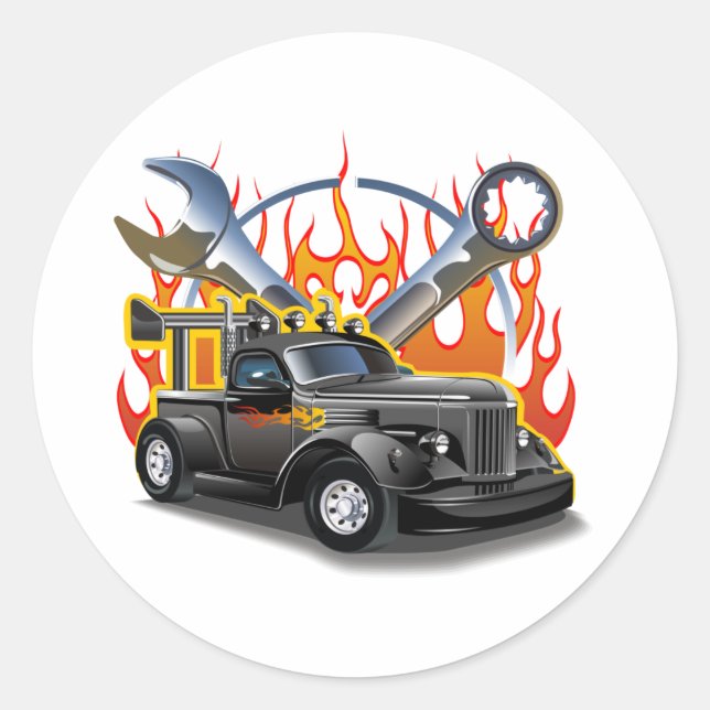 Cartoon Retro-frisierte Auto Runder Aufkleber (Vorderseite)