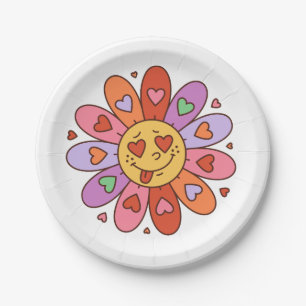 Cartoon Retro Groovy Hippie Liebhaber Gänseblümche Pappteller