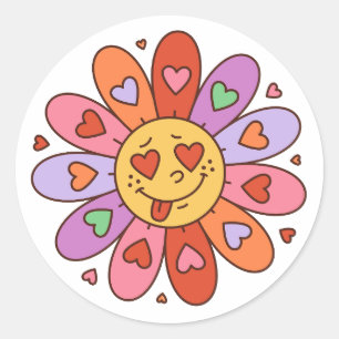 Cartoon Retro Groovy Hippie Liebhaber Gänseblümche Runder Aufkleber