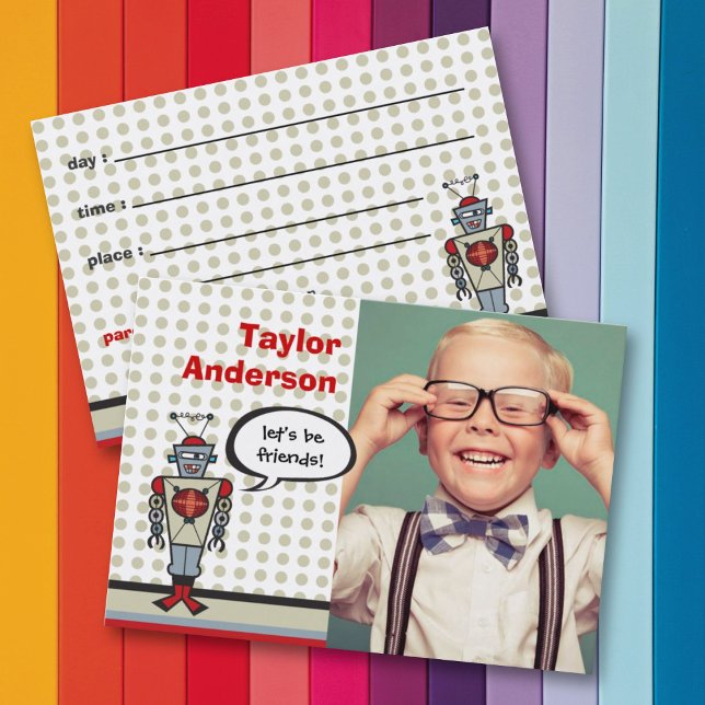 Cartoon Retro Robot Fun Kinder Foto Playdate Card Visitenkarte (Von Creator hochgeladen)