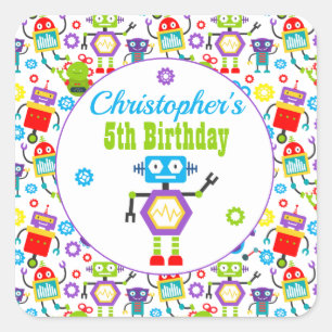 Cartoon Robot Theme Geburtstagsparty Quadratischer Aufkleber
