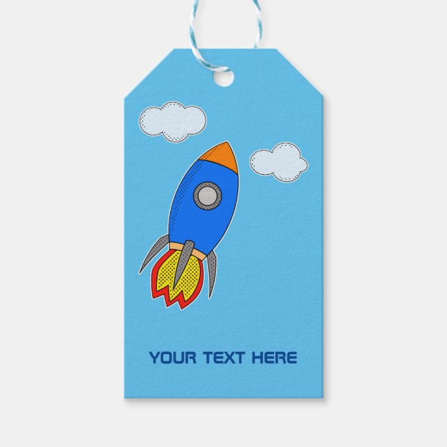 Cartoon Rocket in Blue Sky Kinder Party Geschenkanhänger (Vorderseite)