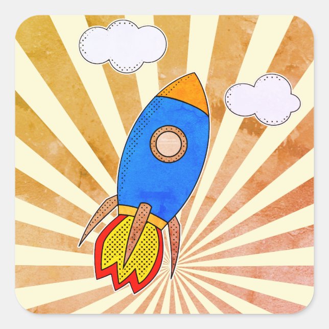 Cartoon Rocket Retro Sunset Quadratischer Aufkleber (Vorderseite)