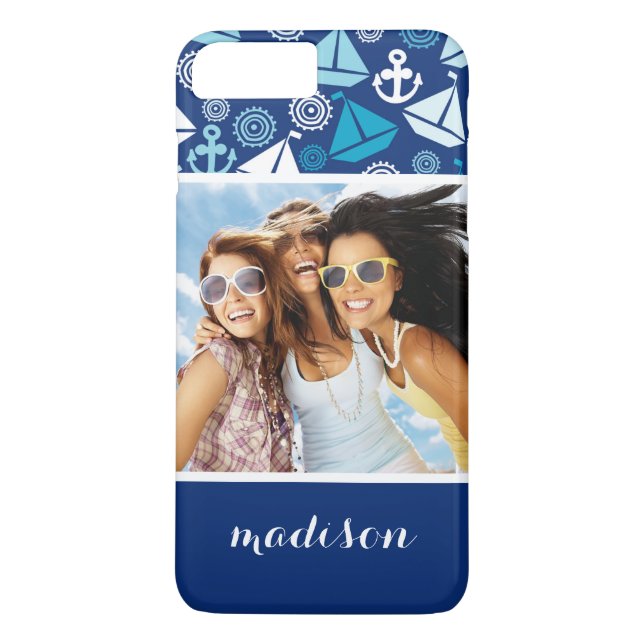 Cartoon Sailboote Muster | Ihr Foto und Name Case-Mate iPhone Hülle (Rückseite)