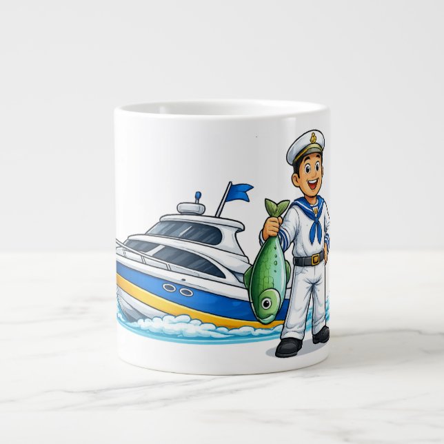 Cartoon Sailor with Yacht and Fish Nautical Art Jumbo-Tasse (Vorderseite)