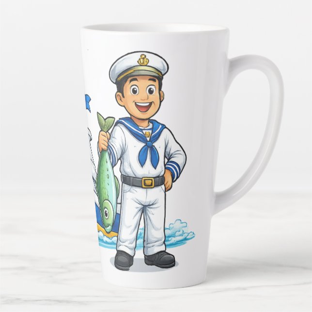 Cartoon Sailor with Yacht and Fish Nautical Art Milchtasse (Rechts)